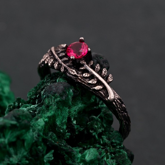 Ruby Fern Branchlet Ring: Whispering Fern Design