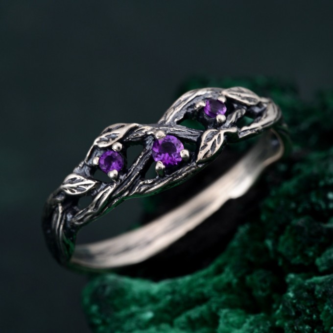 Amethyst Silver Twig Engagement Ring - Unique Dainty Leaf Design for Women