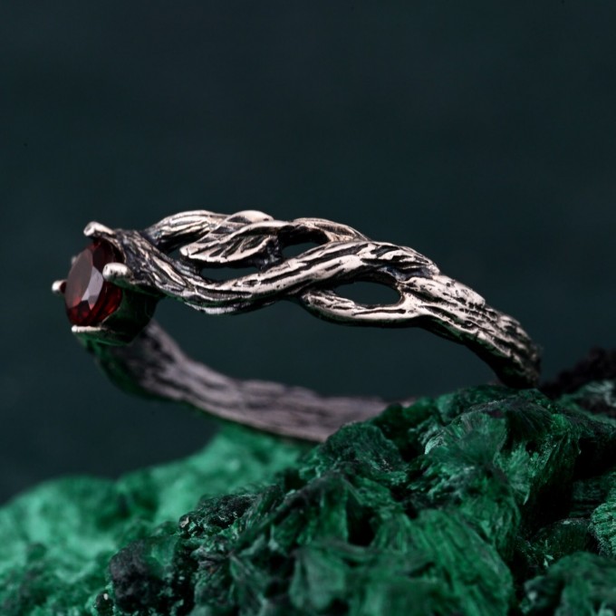 Leafy Branch with Garnet Ring – Nature-Inspired Silver Twig Jewelry