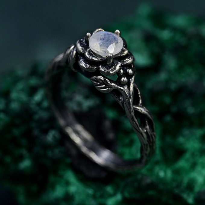Bohemian Moonstone Lotus Ring - Unique Botanical Design