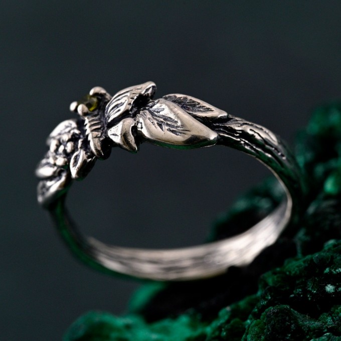 Unique Peridot Twig Engagement Ring - Nature-Inspired Sterling Silver Design with Butterfly