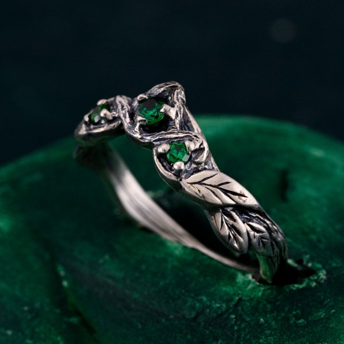 Emerald Engagement Band – Wooden Wedding Branch, Forest Wedding Ring, Branch of Love, Wooden Harmony Wedding Band