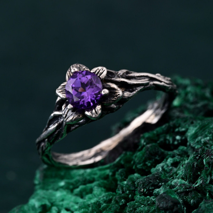 Garnet Blossom Twig Ring with Whimsical Vine Design