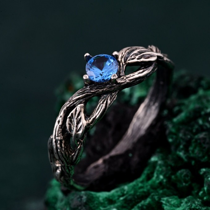 Stunning Leafy Branch with Topaz Ring – Unique Nature's Gemstone Adornment, Christmas Gift Idea