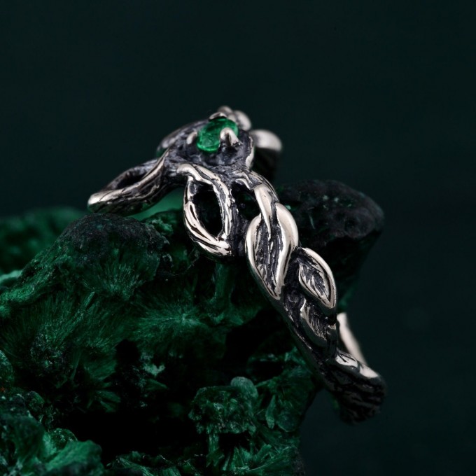 Delicate Leaf Braid with Wood Bark Branch Weave – One-of-a-Kind Silver Fairy Engagement Ring