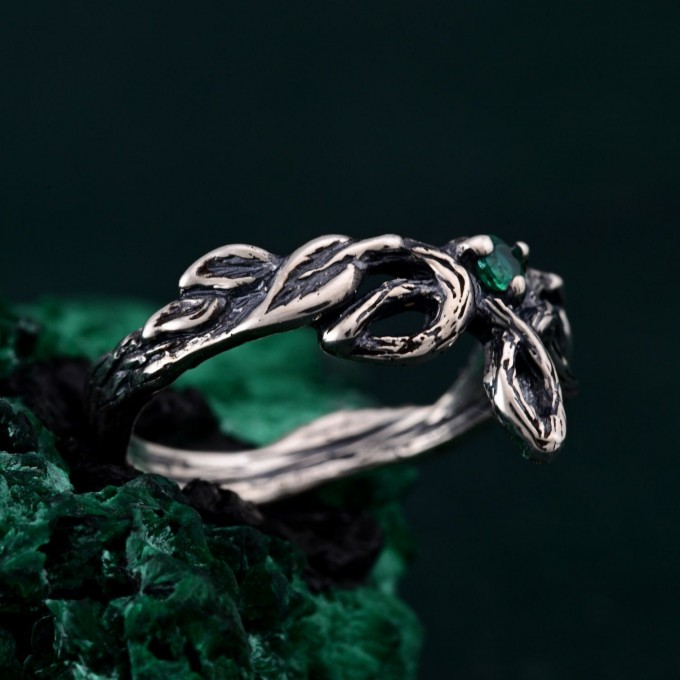 Delicate Leaf Braid with Wood Bark Branch Weave – One-of-a-Kind Silver Fairy Engagement Ring