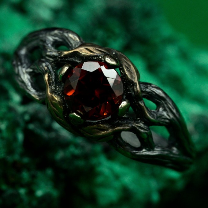 Enchanting Ring with Branch and Blossom - Forest Ring with Garnet