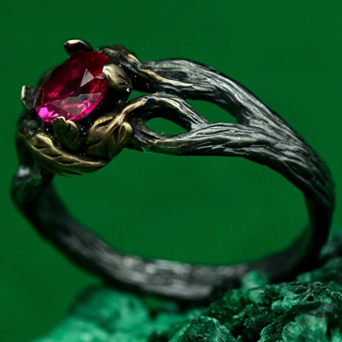 Mystical Forest Ring with Ruby - Leafy Engagement Ring with Branch and Blossom