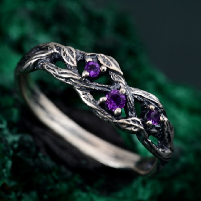 Amethyst Silver Twig Engagement Ring - Unique Dainty Leaf Design for Women