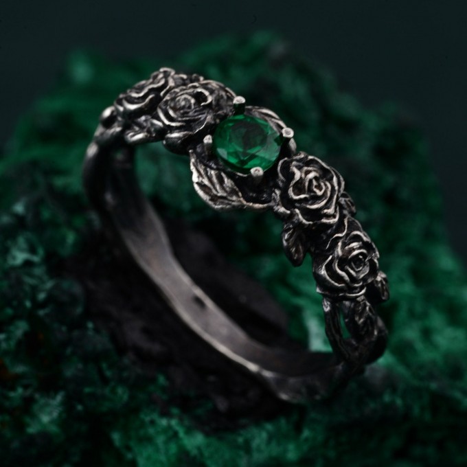 Emerald Blossom Silver Ring – Nature's Elegance with Floral Twig Accent, Dainty Branch Delight Ring Featuring Flower on Silver Twig