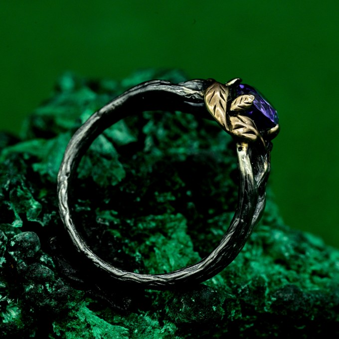 Mystical Forest Ring with Amethyst and Leafy Blossom Design