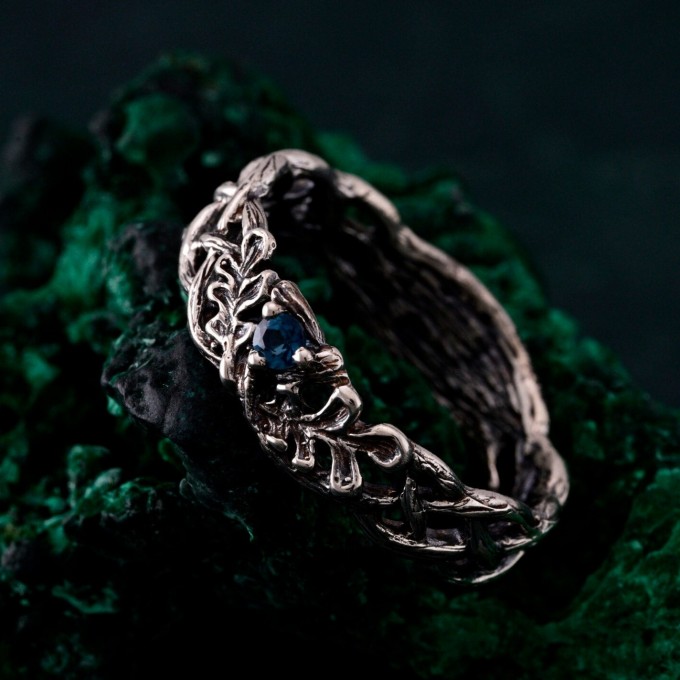 Oak Leaves Silver Dainty Topaz Engagement Ring