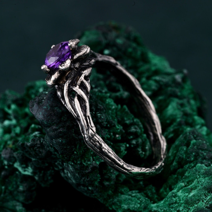 Garnet Blossom Twig Ring with Whimsical Vine Design