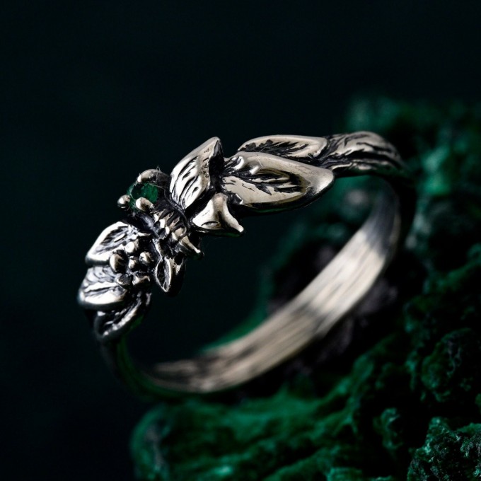 Unique Butterfly Engagement Ring – Nature-Inspired Design with Emerald, Twig Engagement Ring in Sterling Silver