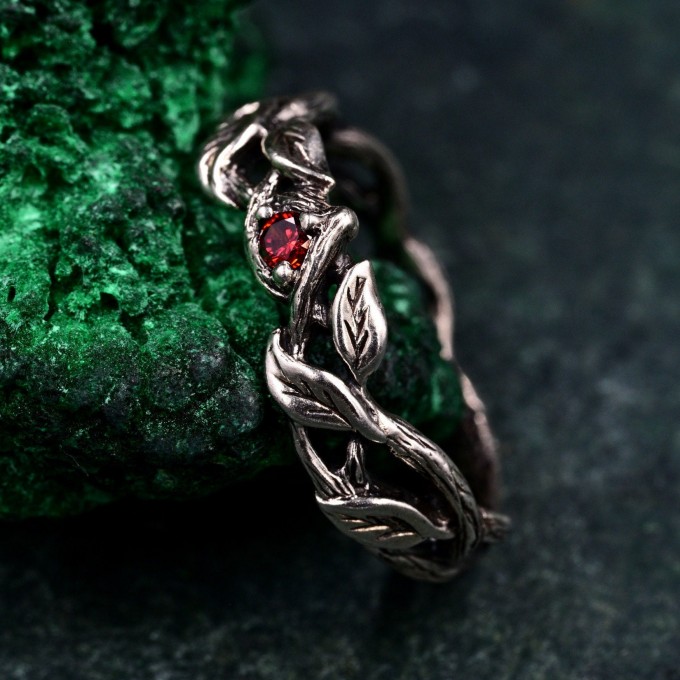 Men's Garnet Wedding Band & Nature-Inspired Silver Vine Leaf Promise Ring
