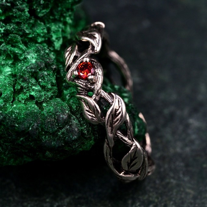 Woodland Fairycore Silver Eternity Ring – Men's Leafy Vine Engagement Band, Braided Tree Branch Silver Ring, Leaf Design Band