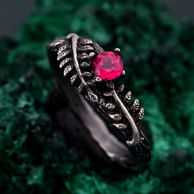 Ruby Fern Branchlet Ring: Whispering Fern Design