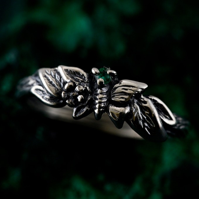 Nature-Inspired Unique Sterling Silver Engagement Ring with Emerald - Sparkle and Mystique, Elegant Butterfly Branch Engagement Ring