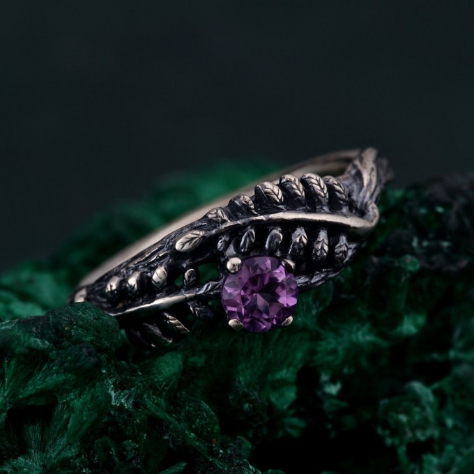 Amethyst Fern Branchlet Ring - Graceful Twig and Fern Woodland Band