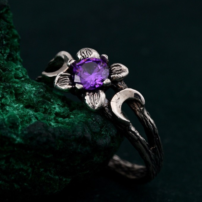 Triple Moon Goddess Ring – Floral Moon Ring, Silver Moon Trio, Celestial Silver Moon Ring, Crescent Goddess Ring, Engagement Ring