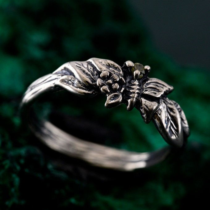 Unique Peridot Twig Engagement Ring - Nature-Inspired Sterling Silver Design with Butterfly