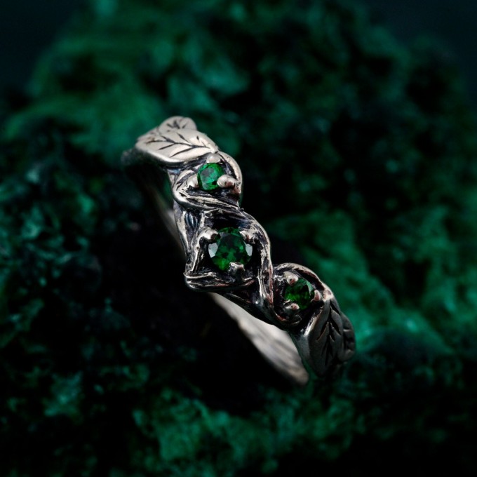 Emerald Engagement Band – Wooden Wedding Branch, Forest Wedding Ring, Branch of Love, Wooden Harmony Wedding Band