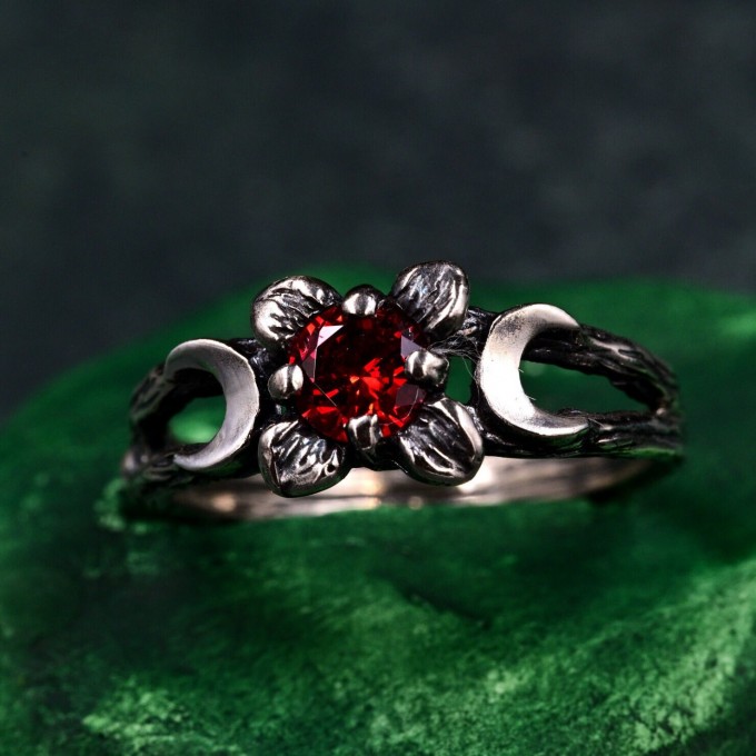 Gothic Silver Ring with Garnet and Moon Phases Design