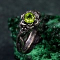 Rustic Peridot Lotus Ring: Handcrafted Sterling Silver Design