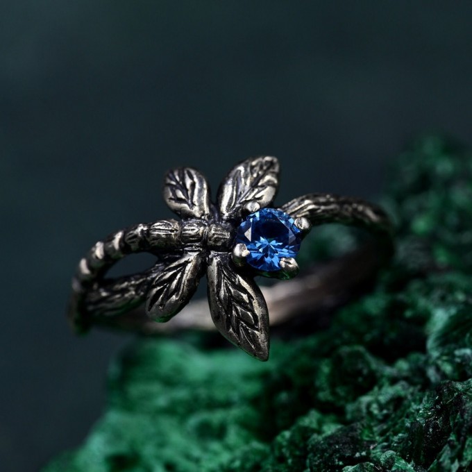 Fluttering Butterfly Gem Ring with Sapphire and Silver Design