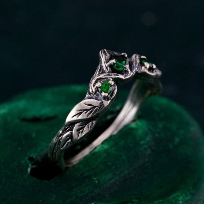 Emerald Engagement Band – Wooden Wedding Branch, Forest Wedding Ring, Branch of Love, Wooden Harmony Wedding Band