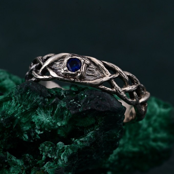 Wide Celtic Wedding Ring – Tree Bark Pattern with Sapphire, Vintage Style Sapphire Ring, Men's and Women's Wedding Band