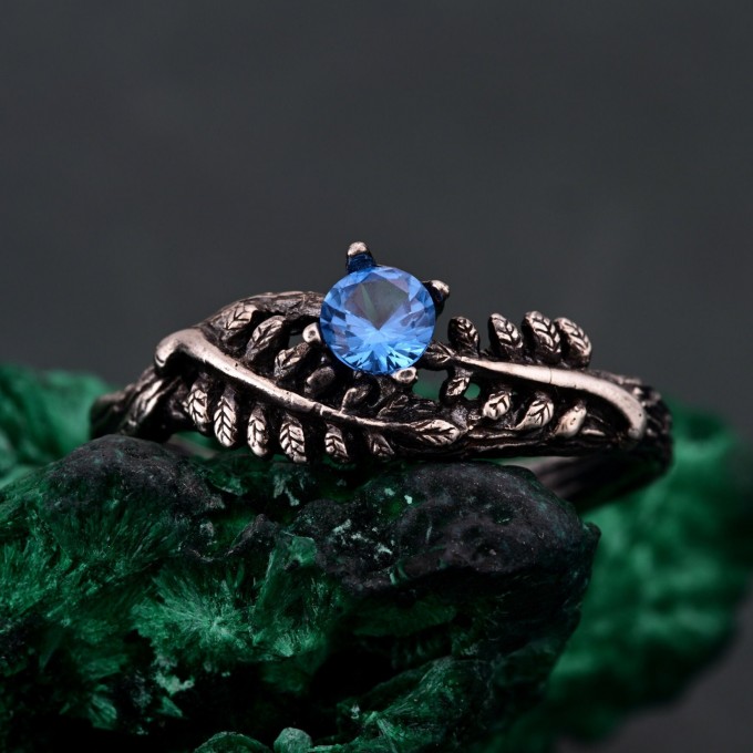Topaz Fern Branchlet Ring – Whispering Fern Ring, Twig and Fern Ring, Woodland Fern Band, Graceful Frond Ring