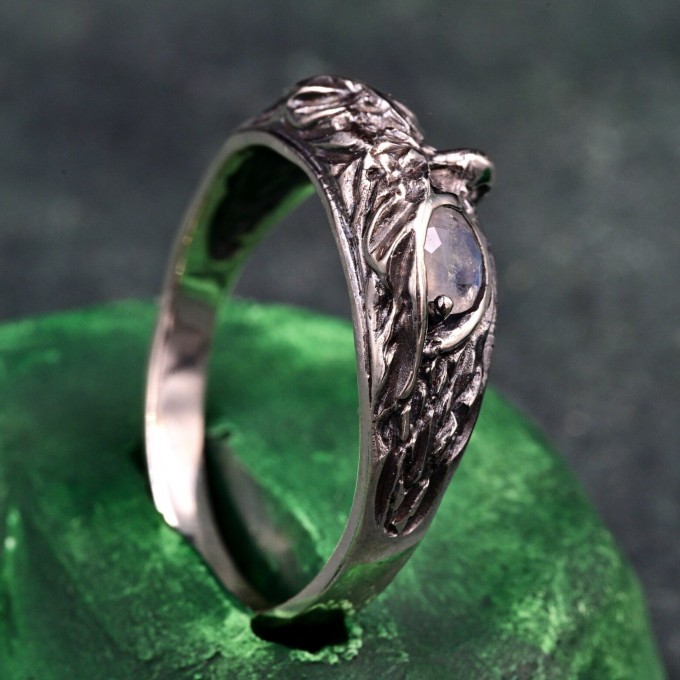 Gothic Silver Ring with Twin Moonstones and Nature Motif