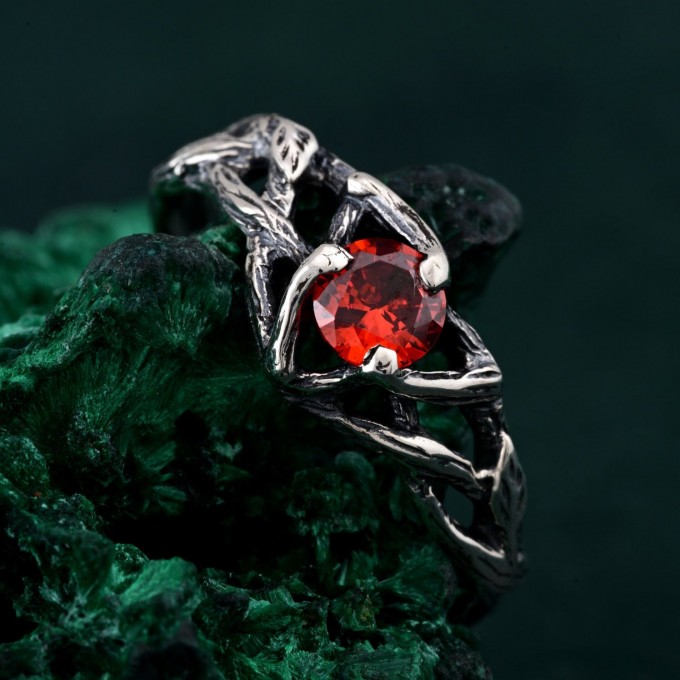 Garnet Nature-Inspired Branch Ring - Unique Silver Engagement Ring for Her