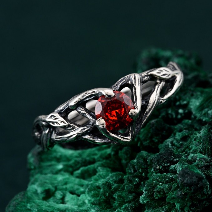 Garnet Nature-Inspired Branch Ring - Unique Silver Engagement Ring for Her