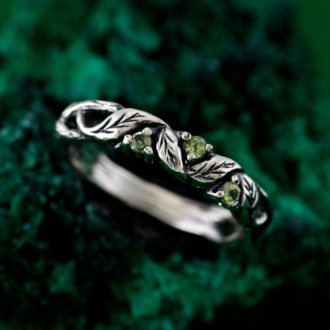 Peridot Engagement Ring with Celtic Wood Texture