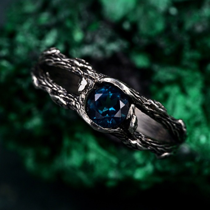 Enchanting Unique London Blue Topaz Celtic Ring - Double Branch Design