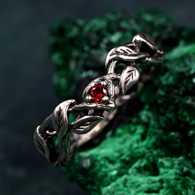 Men's Garnet Wedding Band & Nature-Inspired Silver Vine Leaf Promise Ring