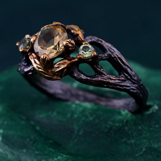 Citrine & Peridot Branch Ring - Nature-Inspired Unique Engagement Ring