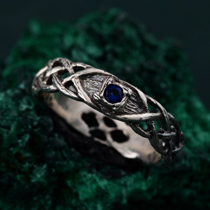 Wide Celtic Wedding Ring – Tree Bark Pattern with Sapphire, Vintage Style Sapphire Ring, Men's and Women's Wedding Band