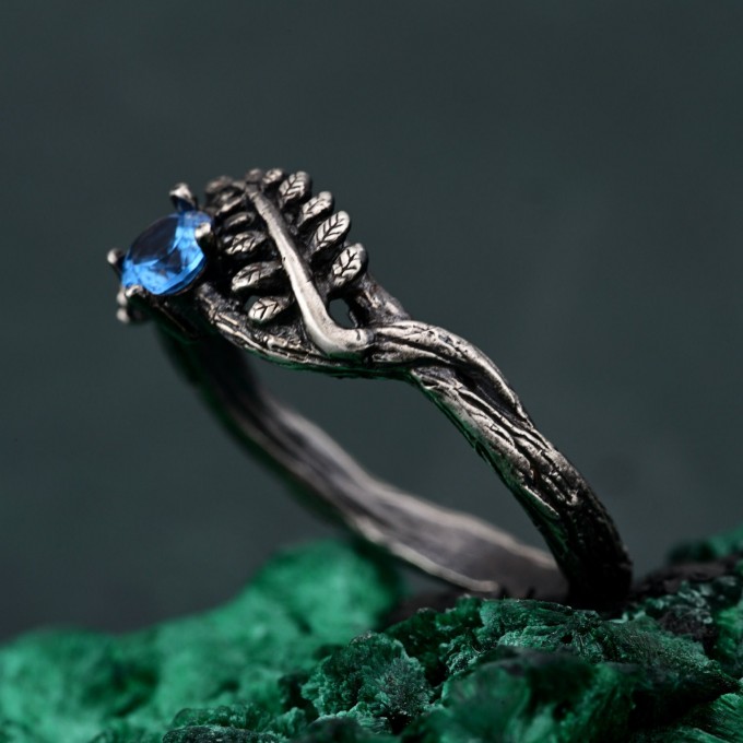 Topaz Fern Branchlet Ring – Whispering Fern Ring, Twig and Fern Ring, Woodland Fern Band, Graceful Frond Ring