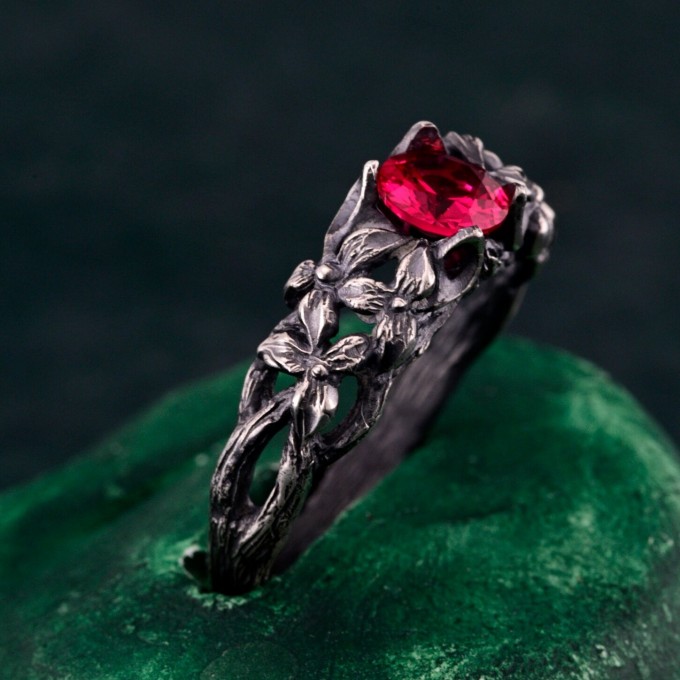 Crimson Blossom: Gothic Sterling Silver Ring with Radiant Ruby