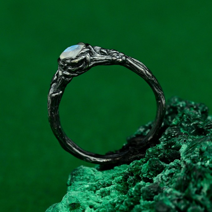 Moonstone Fairy Twig Ring - Elven Silver Engagement with Floral Wildflower Design