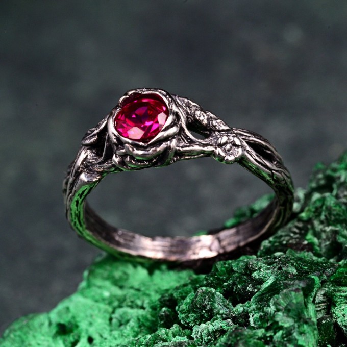 Nature-Inspired Sterling Silver Branch Ring with Ruby
