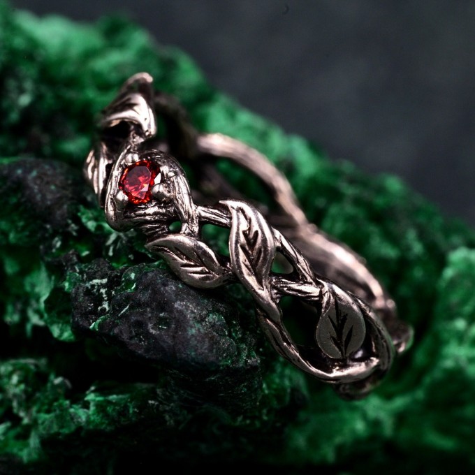Men's Garnet Wedding Band & Nature-Inspired Silver Vine Leaf Promise Ring
