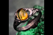 Moonlit Magic: Mystical Black Witch's Wedding Ring with Citrine Stone and Moon-inspired Leaf Design, Woman Wilderness Ring