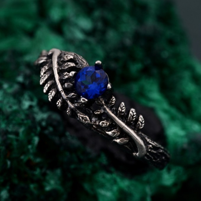 Sapphire Fern Branchlet Ring: Whispering Fern Design