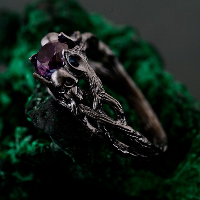 Silver Skull Engagement Ring: Gothic Twig Band Design