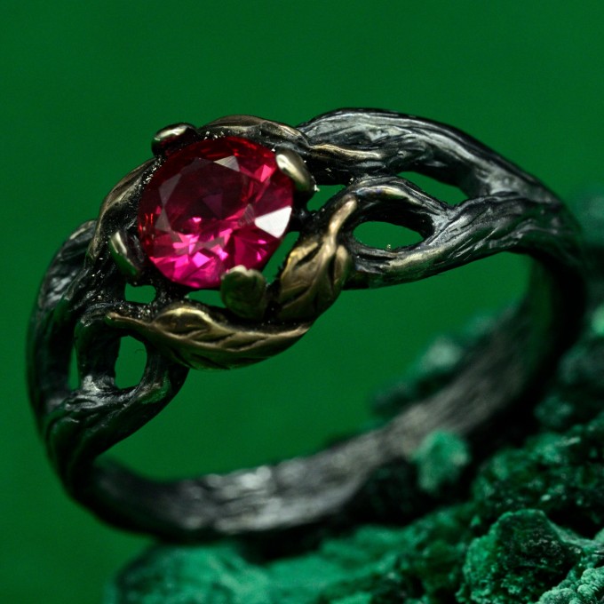 Mystical Forest Ring with Ruby - Leafy Engagement Ring with Branch and Blossom