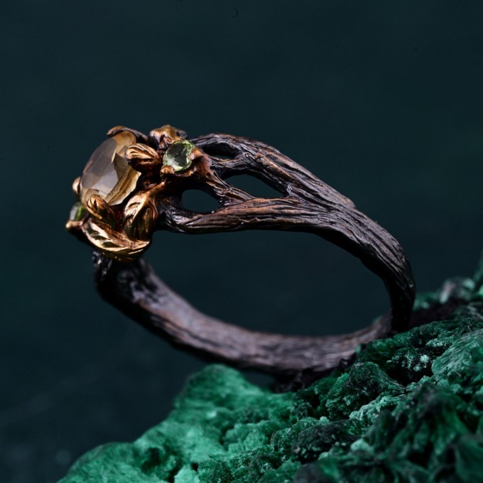 Citrine & Peridot Branch Ring - Nature-Inspired Unique Engagement Ring